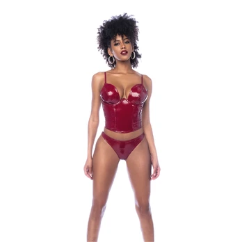 Allure Two-Piece Bustier L Gloss Wine Red Adjustable Vinyl Set