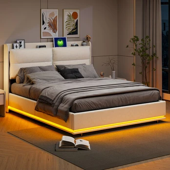 Lova 160 x 200 cm, su LED, USB, smėlio spalvos