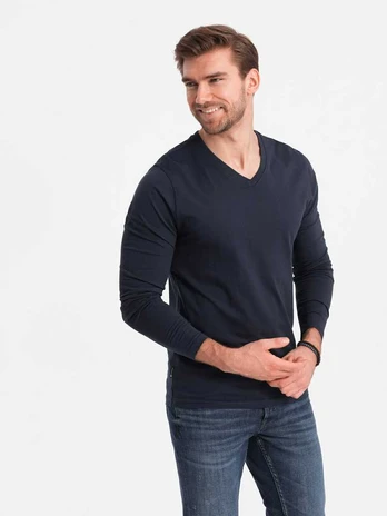 Blue men's unprinted v-neck longsleeve - navy mėlynas v5 om-lsbl-0108