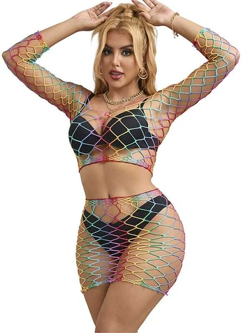 Subblime Sets SUBBLIME - 952440 2-PIECE FISHNET SET LONG SLEEVE RAINBOW ONE SIZE
