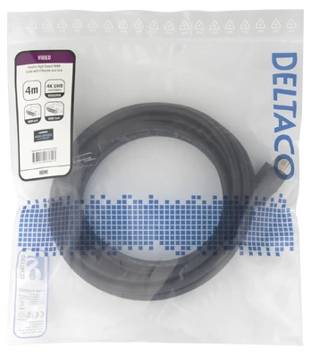 Didelės spartos Flex HDMI kabelis DELTACO, 4M, su užraktu, 4K UHD, juodas / HDMI-1040D-FLEX-LOCK / 1903055