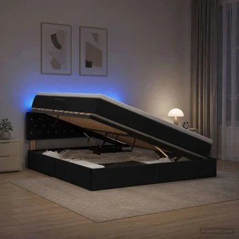 LED saugojimo lova su čiužiniu Juoda 160 x 200 cm Aksomas