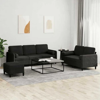Sofa Sofos komplektas su pagalvėmis, 3 dalių, juodas, aksomas