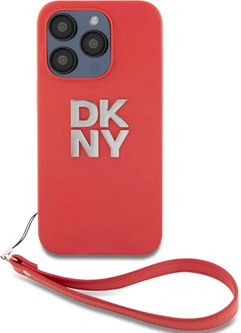 Dėklas DKNY PU Leather Stack Logo Wrist Strap Case for iPhone 14 Pro Raudona