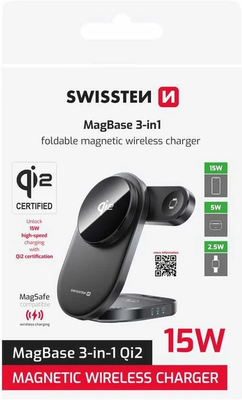 SWISSTEN FOLDING WIRELESS Qi2 CHARGER MagBase 3in1 Juodas (MagSafe compatible)
