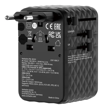 Verbatim - Charge 'n' Travel 100W Universal Travel Adapter with retractable cable Black