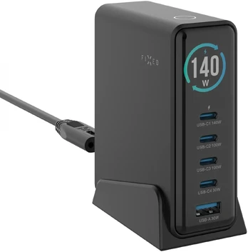 „Fixed GaN 140“ įkroviklis su 1 USB-A ir 4 USB-C jungtimis, 5 A (FIXCG140D-4C1A-BK)