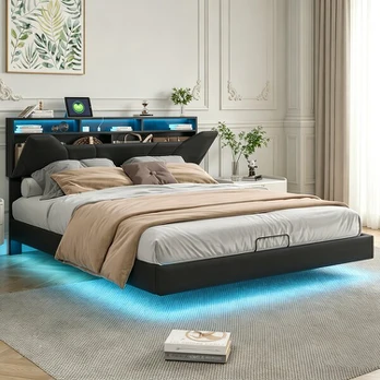 Lova, 140 x 200 cm, su LED lempute, juoda