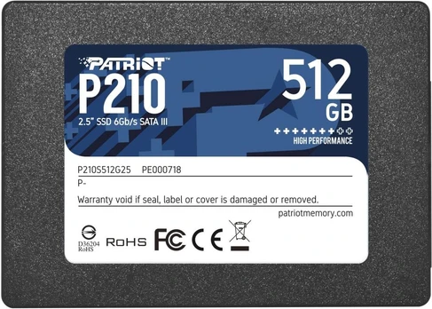SSD|PATRIOT|P210|512GB|SATA 3.0|Write speed 430 MBytes/sec|Read speed 520 MBytes/sec|2,5"|TBW 240 TB|P210S512G25