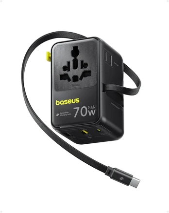 Baseus kelioninis adapteris Enercore 70 W su ištraukiamu USB-C laidu ir 2 AC lizdais