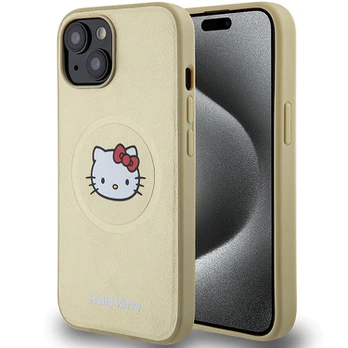 Hello Kitty Leather Kitty Head MagSafe dėklas iPhone 15 - auksinis