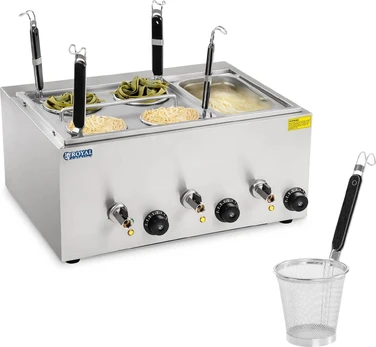 Royal Catering makaronų gaminimo aparatas, viryklė makaronams ir koldūnams virti su bain marie, 3 kameros su čiaupais
