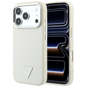 Dėklas Guess Grained Triangle Logo MagSafe do iPhone 18 Pro Max / 17 Pro Max smėlio spalva