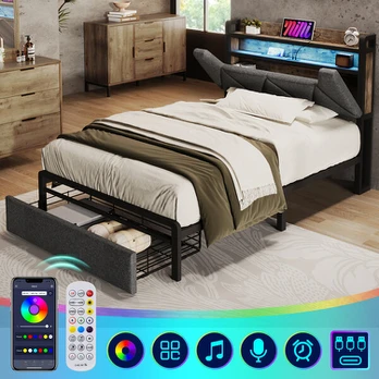 Polsteruotas lovos rėmas, USB-C, LED, stalčius, 90x200 cm