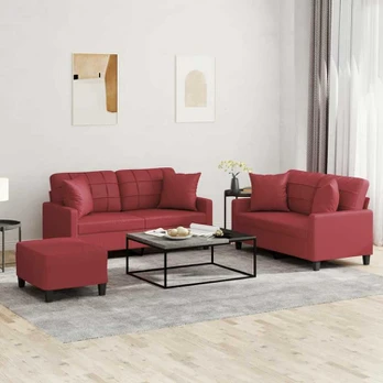 Sofa Sofos komplektas su pagalvėmis, 3 dalių, vyno, dirbtinė oda