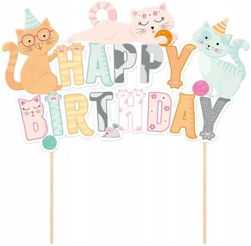Torto papuošimas "happy Birthday" su katytėmis, 14 cm