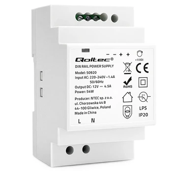 QOLTEC 50920 DIN rail power supply 54W 12V 4.5A Gray