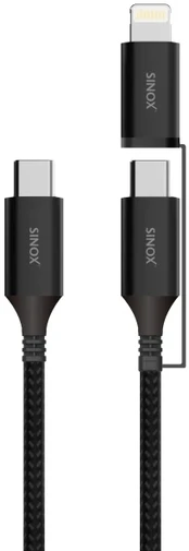 „Sinox PRO 2-in-1“ laidas su USB-C ir „Lightning“. 1,5 m. Pintas. Juodas.