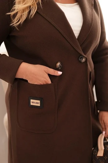 Moteriškas Plus Size paltas su apykakle ir didelėmis kišenėmis, rudos spalvos