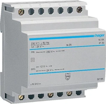 Hager Modulinis saugos transformatorius 230/12- 24V AC 1,33-0,67A (ST313)