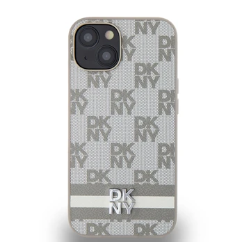 Dėklas DKNY PU Leather Checkered Pattern and Stripe Case for iPhone 14 rusvai gelsvas