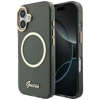 Guess IML Script metalinis „MagSafe“ dėklas, skirtas „iPhone 17“, juodas