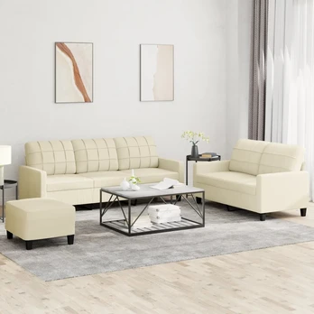 Sofa Sofos komplektas su pagalvėmis, 3 dalių, kreminis, dirbtinė oda