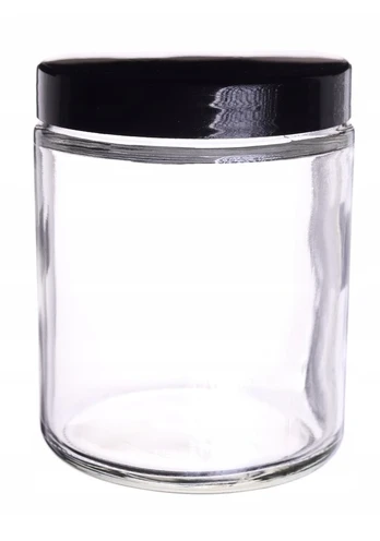 Bespalvis stiklinis stiklainis 250 ml su juodu Pp dangteliu