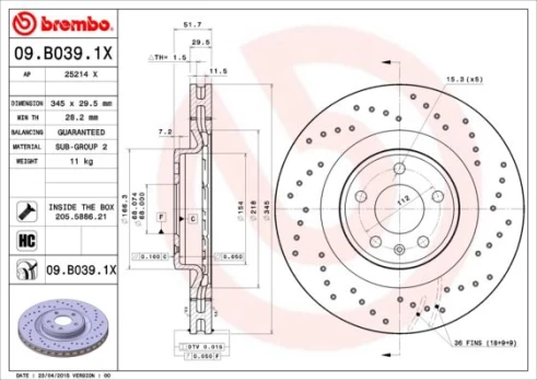Stabdžių diskas BREMBO 09.B039.1X