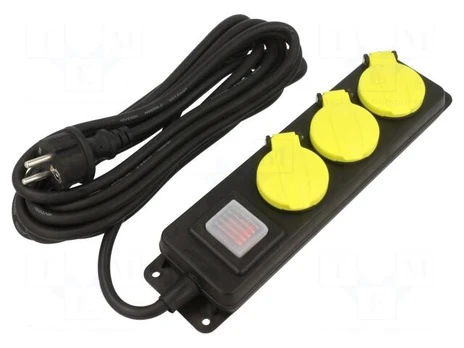 Extension lead | 3x1.5mm2 | Schuko | Sockets: 3 | rubber | black | 5m | 16A