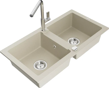 Granitinė virtuvinė plautuvė Mexen Mario su maišytuvu ir sifonu, Beige+Chrome