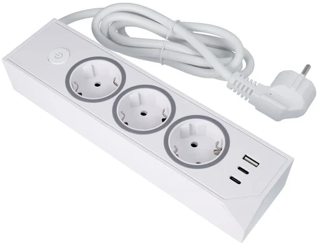 Oem Power strip with 3 sockets max 3680W, 1xUSB A, 2x type C 25W jungtys with 1,5m power cable E59 baltas