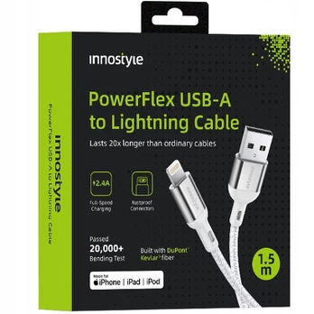 INNOSTYLE POWERFLEX USB LIGHTNING MFI GREITOJO ĮKROVIMO KABELIS IPHONE KEVLARUI 2 M SIDABRO SPALVOS