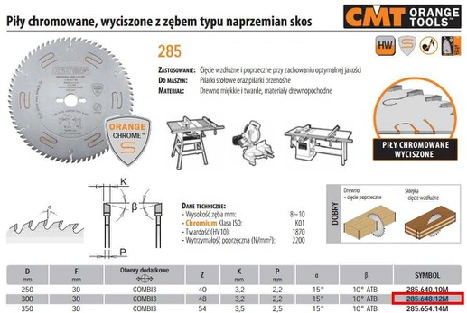 Pjovimo diskas medienai CMT 285; 300x3.2x30; Z48; 15°