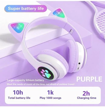 Buetooth ausinės Cat ears LED, violetinės