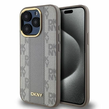 Dėklas DKNY PU Leather Checkered Pattern Magsafe Case for iPhone 15 Pro Max rusvai gelsvas