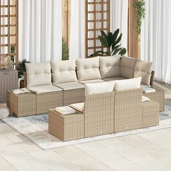 7 dalių sodo sofa su pagalvėlėmis smėlio poli ratanas