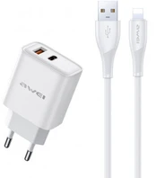 Baltas 22.5W 1xUSB-A + 1xUSB-C pakrovėjas + 100cm USB-A - Lightning laidas "Awei PD81L-EU"