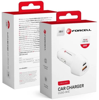 Įkroviklis Forcell CC50-1A1C, USB/Cigarette Lighter Socket/USB-C, balta, 38 W