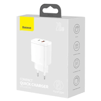 Baseus Compact Quick kroviklis USB ir USB-C 3A 20W, Baltas
