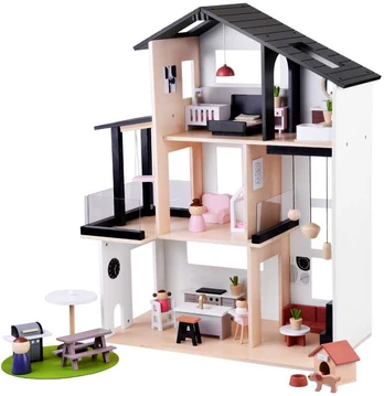 Modernus medinis lėlių namas LOFT su baldais