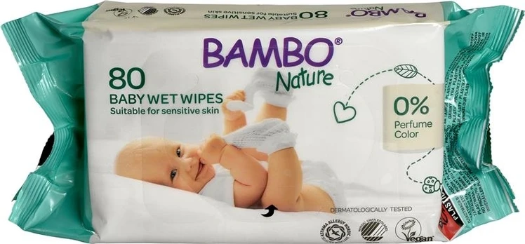 Drėgnos servetėlės Bambo Nature, 80 vnt.