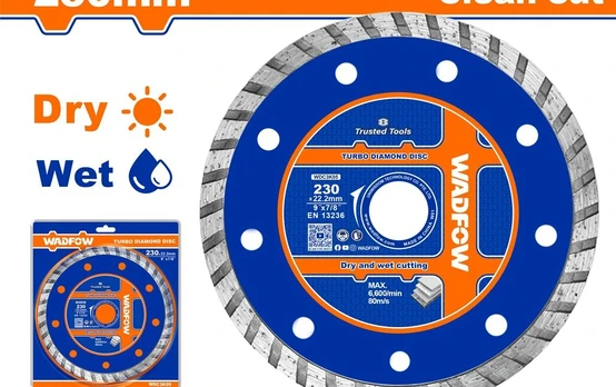 Deimantinis pjovimo diskas WADFOW, Turbo, sausam/šlapiam pjovimui, 230x22.2 mm, segmento plotis 7,5