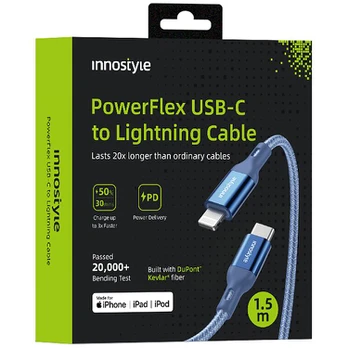 INNOSTYLE POWERFLEX USB-C LIGHTNING MFI GREITOJO ĮKROVIMO KABELIS IPHONE KEVLARUI 2 M MĖLYNAS