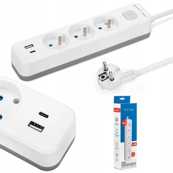 Prailgintuvas su 3 lizdais, 2 Usb-c, 5m, jungikliu, įžeminimu, 2300w