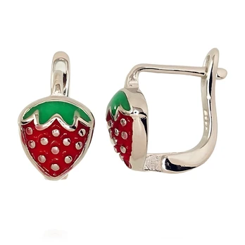 Vaikiški sidabriniai auskarai su emaliu „Strawberry“