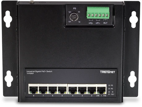 TRENDnet 8-Port Industrial Gigabit PoE+ WallMount Front Acc.