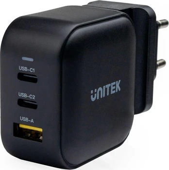 UNITEK CHARGER GaN 2x USB-C 1x USB-A PD QC 3.0 66W Juodas