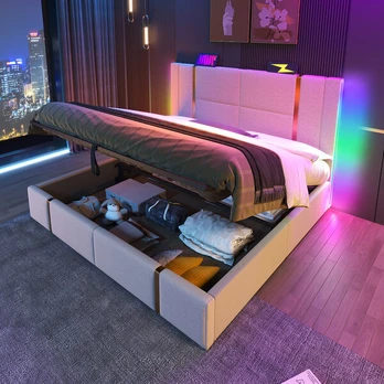 Dvigulė lova su LED, USB-C, APP valdymas, 160x200 cm, 2 dėžės