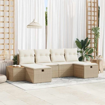 6 dalių sodo sofa komplektas su pagalvėmis smėlio poli ratanas